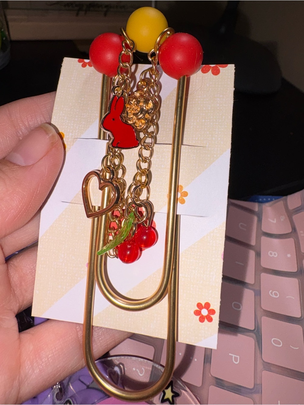Gold Chain Charm giant paper clip bookmark beaded with Red and Yellow Accents
